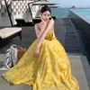 Women's beach holiday yellow flower print Italian strap high waist A-back yarn stitching long desinger dress SML