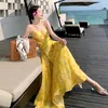 Women's beach holiday yellow flower print Italian strap high waist A-back yarn stitching long desinger dress SML