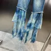 Jeans Feminino PREPOMP Coleção de Verão 2023 Patchwork Azul Tie Dye Chiffon Malha Babados Calça Jeans Longa Feminina 495