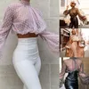 Women's Blouses Brand Puff Sleeve Crop Top Women See-through Sheer Mesh Tank Dot Print Turtle Neck Shirt Blouse Fashion Female Tops