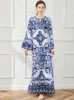 Casual Dresses Newest Autumn Runway Loose Maxi Dress Women Blue and White Porcelain Flower Print Bohemian Side Split Long Vestidos Female Robe J230705