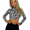 Aktive Shirts Damen Yoga Crop Top Langarm rückenfreies Frenulum T-Shirt Modisches Zebra-Druck Sexy Laufen Fitness Sport Tanzen