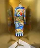 Womens Dress Sicilian Sea View Elastic Satin Silk samlade midja Midi -klänning