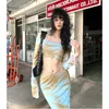 Casual Dresses Women Blue Dress Two-piece Strapless Retro Europe And America Temperament Long Contrasting Colors Summer 2023 Slim