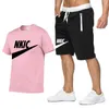 Summer Brand Logo Men's 100% Cotton Blue T-shirt Shorts Set Plus Size 2XL Men's Sportswear Tracksuit 2 Piece O Neck Short Sleeve Men Clothing Pit Male