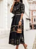 Casual Dresses Fashion Print Shirt Dress Retro Chic Woman Vintage Dress Maxi Dress Elegant Button Belt High Waist dresses for women 2022 luxury J230705