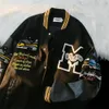 Herrjackor Amerikansk oversize gata män och kvinnor nischdesign känsla retro par outfit flocking skor hund M letter baseball jacka 230705