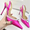 fashion High heeled sandals 100% Leather summer Women Fine heel Heels shoe sexy Pearl Satin Womens Shoes cloth lady Diamonds Pointed shoes Large size 35-41-42 With box