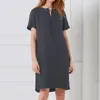 Casual Dresses 2023 Summer Grey Black Dress Women Button V-Neck Short Sleeve Pocket Cotton Linen Boho Midi Robe