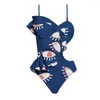 Swimwear Women's Blue One-Eye Print Swimsuit Hollow Halter Shets Bikini Split Split Split Spusswear 2023