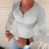 Polo Masculino Camisa Masculina Cor Sólida Manga Comprida Decote em V Canelada Stretch Streetwear Primavera Outono Slim Fit T-shirt com Zíper Top Roupas Masculinas 230705