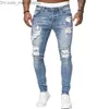 Jeans pour hommes Mode Hommes Jeans Trou Bleu Skinny Jeans Simple Fermeture Éclair Pantalon Serré Respirant et Confortable Menfolk Pantalon Z230707