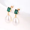 Kolczyki sztyfty elegancki złoty kolor perła kropla dla kobiet inkrustowane wysokiej jakości kwadratowy zielony kryształowy kolczyk damska biżuteria prezenty akcesoria