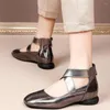 Dress Shoes Silver Grey Women Ankle Cross Strap Genuine Leather Low Heel Pumps Female Square Toe Platform Oxfords Casual