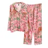 Ropa de dormir para mujer, pijama de satén rosa para mujer, estampado de tigre de la selva, 2 uds., camisa larga, pantalones, pijama, ropa de dormir informal para primavera