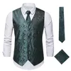 Men's Vests Steampunk Green Paisley Suit Vest For Men Party Banquet Slim Fit Vintage Jacquard Waistcoat Tie Hankerchief 3PC Set Male 3XL