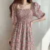 Casual Dresses S-3XL Floral Chiffon Dress Women Sweet Puff Sleeve Empire Vintage Fairy Slim Square Collar Vestido Pink Temperament Elegant Chic J230705