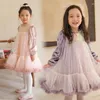 Robes de fille Sweet Girls Ruffles Robe en tulle à manches longues Velvet Causal Princess Bell Bottom Vêtements Shiny Sequin Holiday Costume