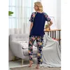 Pyjama à manches longues pour femmes Costume Coton Imprimé Pantalon à manches courtes Deux pièces Loungewear Plus Size 3XL Lâche Casual Home Clothes