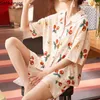 Dames slaapkleding vrouwen pama sets ruches geprinte kawaii zacht katoen zoete Japanse modestudenten Cardigan shorts vrouw pijama set