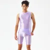 Herren-Badebekleidung, sexy, silberfarben, glänzend, eng, transparent, Tank-Top, Fünf-Punkte-Unterwäsche, Öl, Fitness-Shorts, glattes Schwimmen, Yoga-Set, Übergröße, 230705