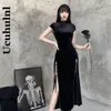 Casual Dresses Ucuhulnl Romantic Gothic Velvet Aesthetic Vintage Women Black Bandage SlitHem Bodycon Dress Sexy Evening Wear Cheongsam