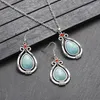 Necklace Earrings Set Ethnic Turquoises Vintage Silver Plated Flower Water Drop Sets Female Jewelry