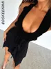 Повседневные платья Boofeenaa 3D цветочные аппликации Ruffle V Neck без спинка мини-платья для женщины 2023 Каникул Клуб Сексуальные плавные летние платья C66-BG18 J230705