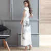 Vestidos de Festa Verão Elegante Slim Roupas Femininas Pintura de Paisagem Cheongsam Vestido Branco Qipao Chiffon Robe Vintage Estilo Chinês