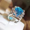 Cluster Rings 2023 Fashion Women's Ring 925 Stamped Shiny Light Blue Zirconia Flower Birthday Party Non-Fading Jewellery For Women