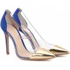 Dress Shoes Elegant Clear PVC Patchwork Pointed Toe Metallic Leather And Suede Transparent Stiletto Heels Banquet