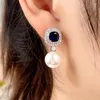 Stud Earrings Real Pearl Silver Needle For Women With 925 Stamp Fashion Blue Zircon Imitation Jewelry