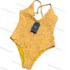 Costume da bagno bikini intero da donna costume da bagno giallo design jacquard sexy con lacci manica lunga set da spiaggia Seaside298Z