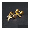 Dangle Chandelier Titanium Steel Dumbbell Cross Design Stud Earrings For Men Women Punk Crucifix Double Sided Screw-Back Hypoaller Dhcr0