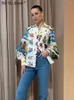 Bluzki damskie Casual Print Shirt Lampion Sleeve Pojedyncze piersi Skręcić w dół Kołnierz Koszule damskie 2023 Fashion Cartoon Lady Top Street