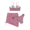 Roupa de banho feminina 6 cores conjunto de biquíni feminino cor sólida sutiã pérola com cueca e cordão minissaia maiô de banho