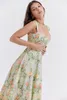 Abiti casual 2023 Summer Mint Floral Dress Women Tank Corsetto Una linea Lunghezza al ginocchio Gamba aperta Comodo Bohemian Quotidiano Uscire