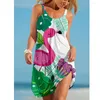 Fritidsklänningar Tropic Plant Dammode Print Klänning Midi Kvinnor Bohemian Strap Beach Lady Evening Party Ärmlös fåll