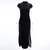 Casual Dresses Ucuhulnl Romantic Gothic Velvet Aesthetic Vintage Women Black Bandage SlitHem Bodycon Dress Sexy Evening Wear Cheongsam