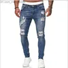 Jeans pour hommes Mode Hommes Jeans Trou Bleu Skinny Jeans Simple Fermeture Éclair Pantalon Serré Respirant et Confortable Menfolk Pantalon Z230707