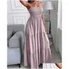 Basic Casual Dresses Summer Women Ruched Plain Strap Shirring Maxi Dress 2021 Femme Boho Solid Sundress Office Lady Outfits Y2K Be Dhnf2