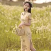 Ethnic Clothing Chinese Traditional Dress Yellow Cheongsam Modern Flower Embroidery Oriental Qipao Improved Elegant Clothes For Young Girl