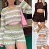 Women's T Shirts Two Pieces Set Ladies Y2K Crochet Crop Tops Short Pants Knitted Summer Long Sleeve Crew Neck T-shirts Daily Outfit