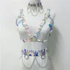 Trajes sensuais gótico feito à mão holográfico PVC conjunto de 3 peças feminino colarinho gargantilha sexy crop top elo corrente cinto rave festival ma272j