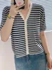 Women's Knits Summer Thin V Neck Knit Cardigan Top Women 2023 Good Quality Classic Loose Stripe Linen Cropped Knitwear For Lady