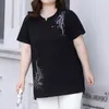 Women's Plus Size TShirt Summer Clothes for Women Casual Diamonds Patchwork Short Sleeve Fashion Crew Neck Black Pullover Loose Tops 230705