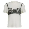 Camisetas Femininas Sutiã de Renda Preto Estampado Branco Gráfico T-shirt Moda Feminina Blusa T 2023 Decote O Manga Curta Casual Street Sweat Tops