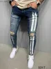 Erkekler kot pantolon erkekler sıska çizgili fermuar denim delik yıkama vintage hip hop iş pantolonlar ince baskılı kot pantolon Avrupa büyük boy erkek giyim z230711