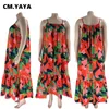 CM YAYA Femmes Plus La Taille Automne Spaghetti Sangle Volants Ourlet Lâche Maxi Longue Floral Feuille Imprimer Mode Fête Mince Robe 230704