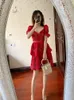 New S-elf Portrait Water Soluble Lace Lace Short Sleeve High Waist Sexy Dress Red and White Short Skirt